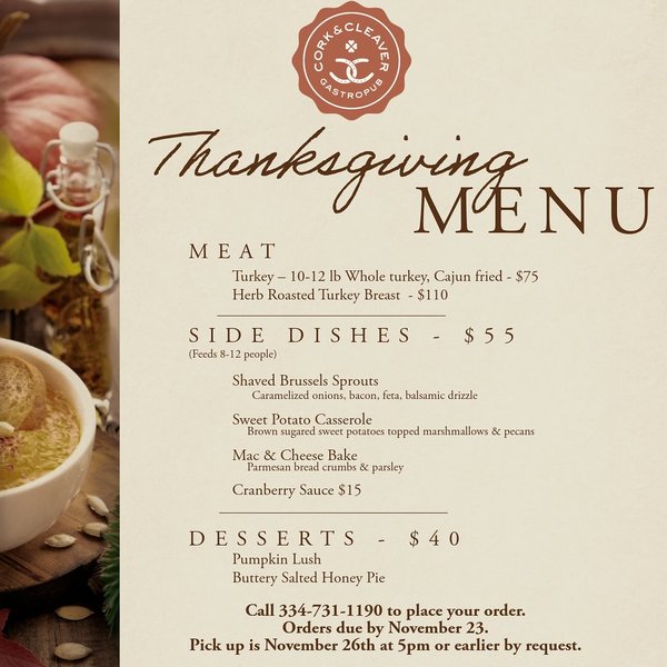 Holiday menu from The Cork &  Clever