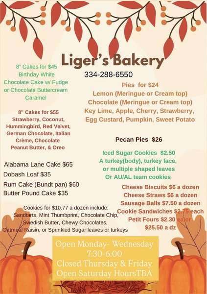 Holiday menu from Liger's Bakery