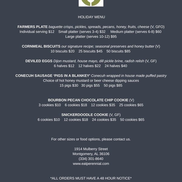 Holiday menu from Perennial