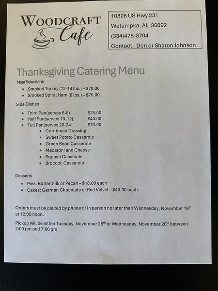 Holiday menu from Woodcraft Cafe